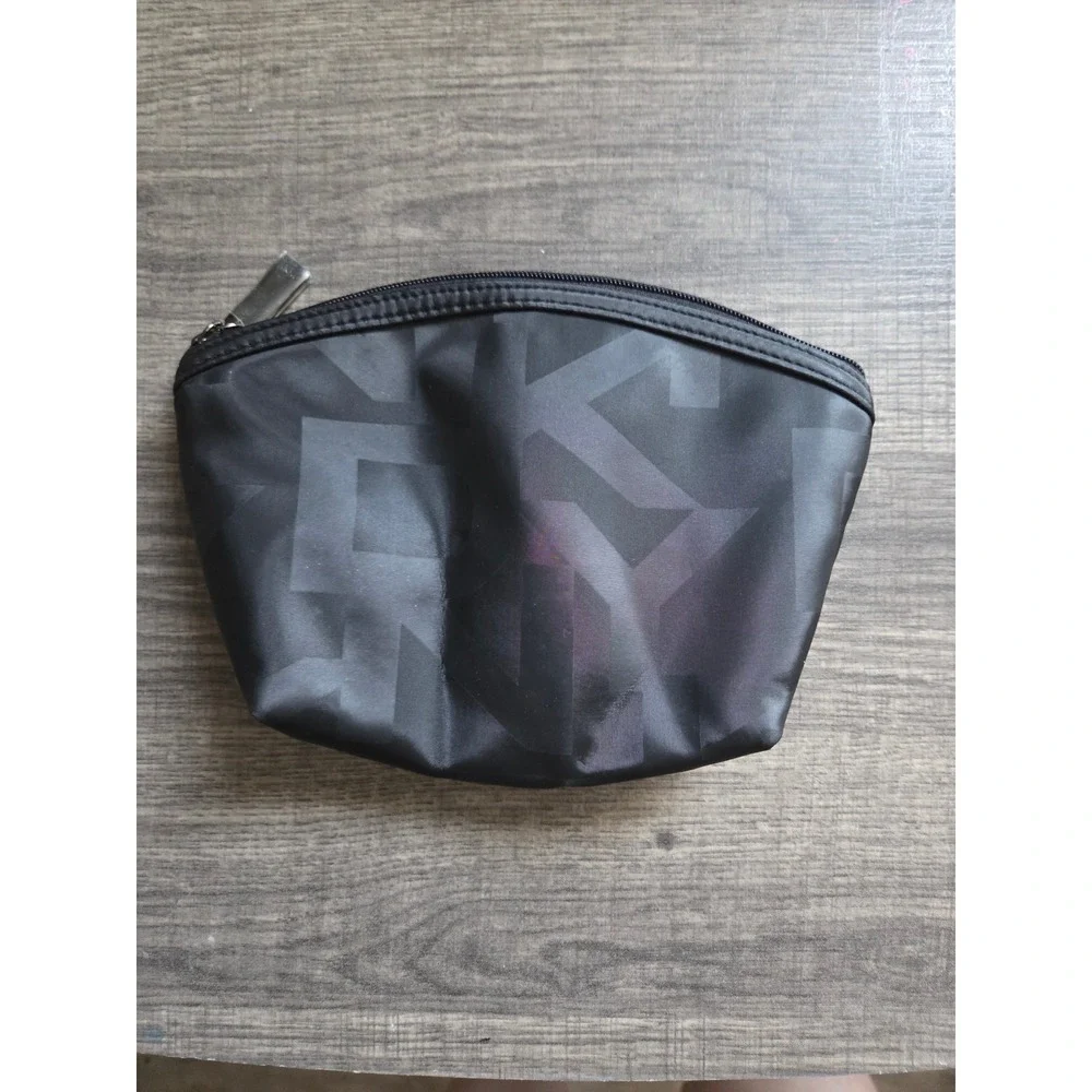 DKNY Black Nylon Cosmetic Bag Tonal Logo Makeup Pouch Travel Case Zip Closure